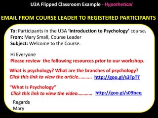EMAIL FROM COURSE LEADER TO REGISTERED PARTICIPANTS
To: Participants in the U3A ‘Introduction to Psychology’ course.
From: Mary Small, Course Leader
Subject: Welcome to the Course.
Hi Everyone
Please review the following resources prior to our workshop.
What is psychology? What are the branches of psychology?
Click this link to view the article………..
“What Is Psychology”
Click this link to view the video…………
http://goo.gl/s3TpTT
http://goo.gl/s09beq
Regards
Mary
U3A Flipped Classroom Example - Hypothetical
 