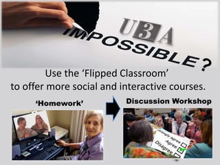 Use the ‘Flipped Classroom’
to offer more social and interactive courses.
‘Homework’ Discussion Workshop
 