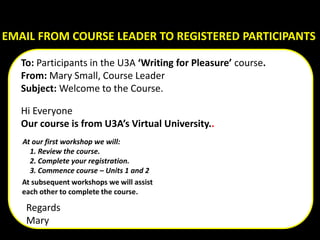 EMAIL FROM COURSE LEADER TO REGISTERED PARTICIPANTS
To: Participants in the U3A ‘Writing for Pleasure’ course.
From: Mary Small, Course Leader
Subject: Welcome to the Course.
Hi Everyone
Our course is from U3A’s Virtual University..
Regards
Mary
At our first workshop we will:
1. Review the course.
2. Complete your registration.
3. Commence course – Units 1 and 2
At subsequent workshops we will assist
each other to complete the course.
 