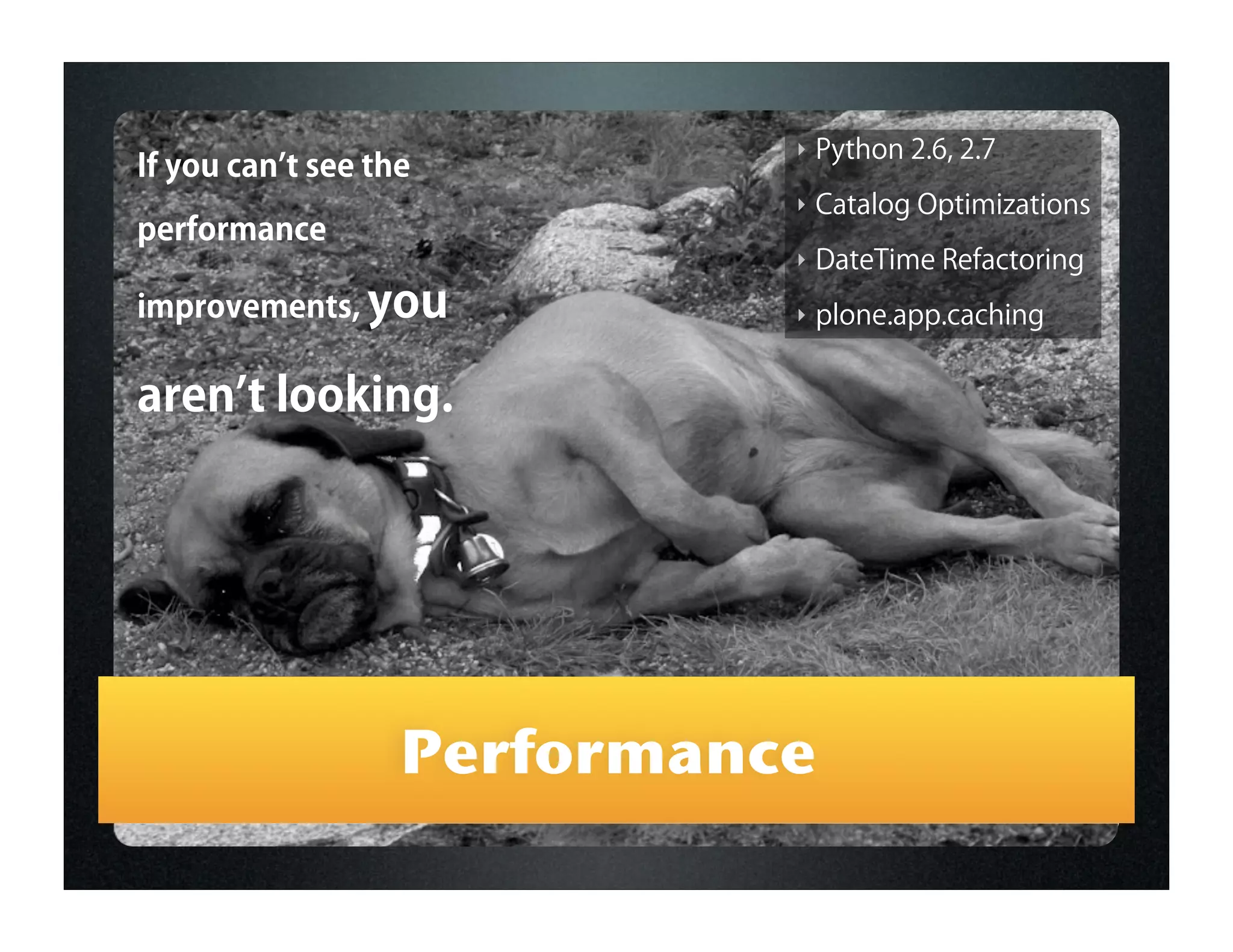 ‣   Python 2.6, 2.7
If you can t see the
                             ‣   Catalog Optimizations
performance
                             ‣   DateTime Refactoring
improvements, you            ‣   plone.app.caching


aren t looking.




                   Performance
 
