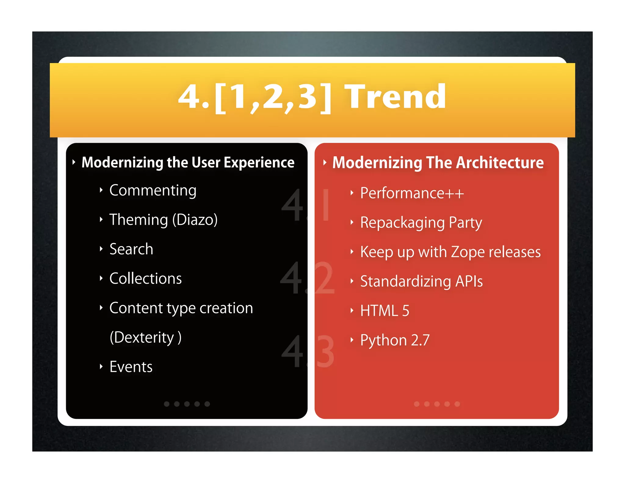 4.[1,2,3] Trend
‣   Modernizing the User Experience   ‣   Modernizing The Architecture


                                  4.1
      ‣   Commenting                        ‣   Performance++
      ‣   Theming (Diazo)                   ‣   Repackaging Party
      ‣   Search                            ‣   Keep up with Zope releases
      ‣

      ‣
          Collections
          Content type creation
                                  4.2       ‣

                                            ‣
                                                Standardizing APIs

                                                HTML 5


                                  4.3
          (Dexterity )                      ‣   Python 2.7
      ‣   Events

                   .....                                 .....
 