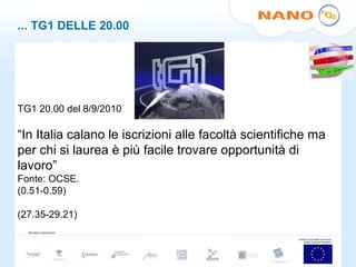 ... TG1 DELLE 20.00 TG1 20.00 del 8/9/2010 “ In Italia calano le iscrizioni alle facoltà scientifiche ma per chi si laurea è più facile trovare opportunità di lavoro” Fonte: OCSE. (0.51-0.59) (27.35-29.21) 