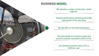 BUSINESS MODEL
We take 20% on all rental transactions.
We have tested our business model and
proven a cost per acquisition (CPA) of £16.
Our forecast long term value (LTV) is  
£250 per user.
We operate in a large, yet focused, market
segment.
Targeted performance marketing will enable
rapid growth of the user base.
 
