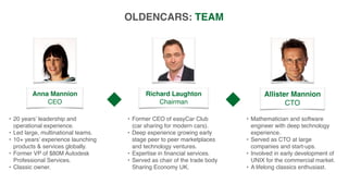 OLDENCARS: TEAM
• Former CEO of easyCar Club
(car sharing for modern cars).
• Deep experience growing early
stage peer to peer marketplaces
and technology ventures.
• Expertise in financial services.
• Served as chair of the trade body
Sharing Economy UK.
Richard Laughton 
Chairman
• 20 years’ leadership and
operational experience.
• Led large, multinational teams.
• 10+ years’ experience launching
products & services globally.
• Former VP of $80M Autodesk
Professional Services.
• Classic owner.
Anna Mannion 
CEO
• Mathematician and software
engineer with deep technology
experience.
• Served as CTO at large
companies and start-ups.
• Involved in early development of
UNIX for the commercial market.
• A lifelong classics enthusiast.
Allister Mannion 
CTO
 