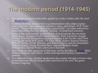  The modern period traditionally applies to works written after the start
of World War I.
 Common features include bold experimentation with subject matter,
style, and form, encompassing narrative, verse, and drama. W.B. Yeats’
words, “Things fall apart; the center cannot hold,” are often referred to
when describing the core tenet or “feeling” of modernist concerns.
 Some of the most notable writers of this period include the novelists
James Joyce, Virginia Woolf, Aldous Huxley, D.H. Lawrence, Joseph
Conrad, Dorothy Richardson, Graham Greene, E.M. Forster, and Doris
Lessing; the poets W.B. Yeats, T.S. Eliot, W.H. Auden, Seamus Heaney,
Wilfred Owens, Dylan Thomas, and Robert Graves; and the dramatists
Tom Stoppard, George Bernard Shaw, Samuel Beckett, Frank
McGuinness, Harold Pinter, and Caryl Churchill.
 New Criticism also appeared at this time, led by the likes of Woolf, Eliot,
William Empson, and others, which reinvigorated literary criticism in
general.
 It is difficult to say whether modernism has ended, though we know that
postmodernism has developed after and from it; for now, the genre
remains ongoing.
50
 