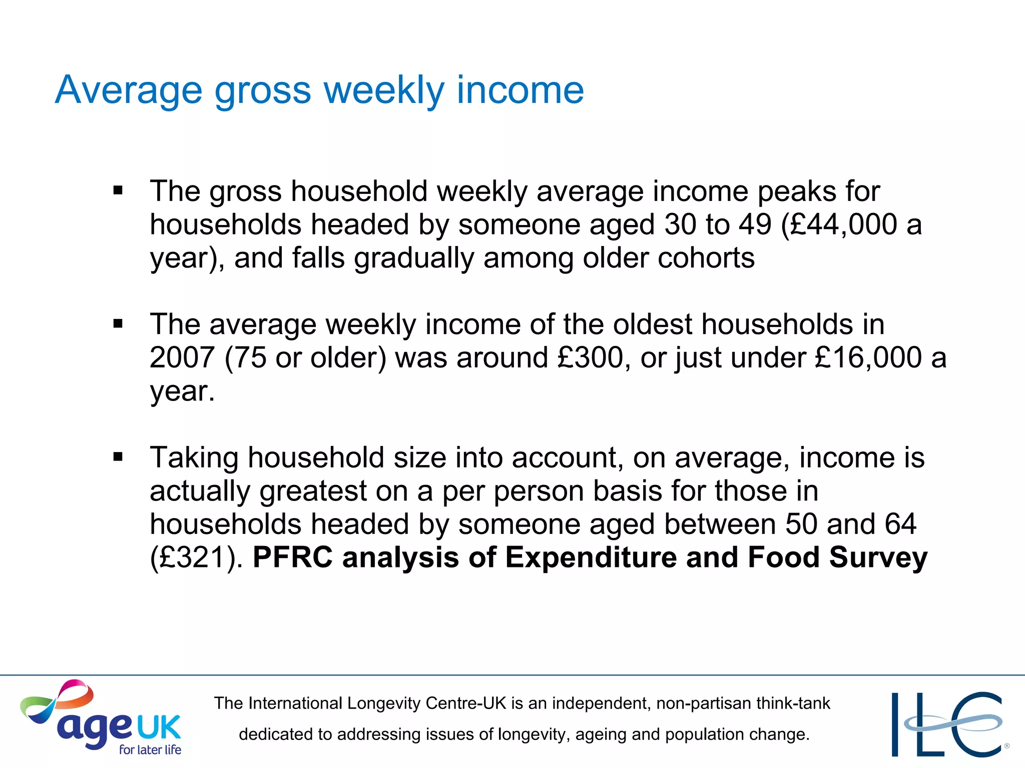 Average gross weekly income The gross household weekly average income peaks for households headed by someone aged 30 to 49 (£44,000 a year), and falls gradually among older cohorts The average weekly income of the oldest households in 2007 (75 or older) was around £300, or just under £16,000 a year. Taking household size into account, on average, income is actually greatest on a per person basis for those in households headed by someone aged between 50 and 64 (£321).  PFRC analysis of Expenditure and Food Survey 