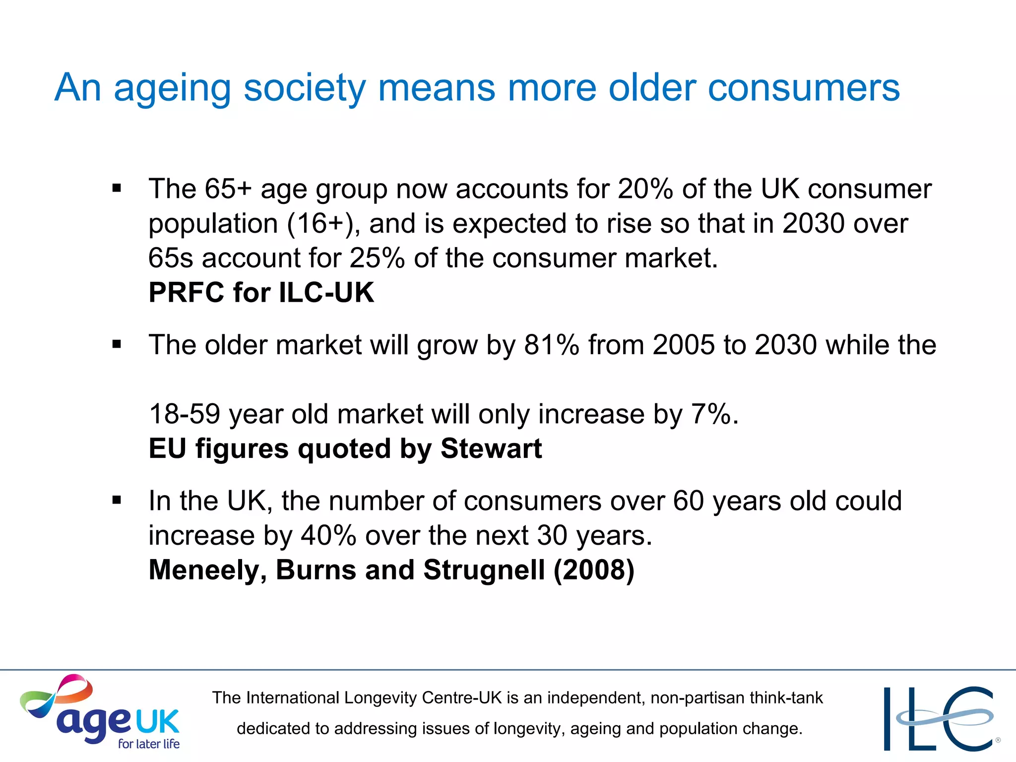 An ageing society means more older consumers The 65+ age group now accounts for 20% of the UK consumer population (16+), and is expected to rise so that in 2030 over 65s account for 25% of the consumer market.  PRFC for ILC-UK The older market will grow by 81% from 2005 to 2030 while the  18-59 year old market will only increase by 7%.  EU figures quoted by Stewart In the UK, the number of consumers over 60 years old could increase by 40% over the next 30 years.  Meneely, Burns and Strugnell (2008) 