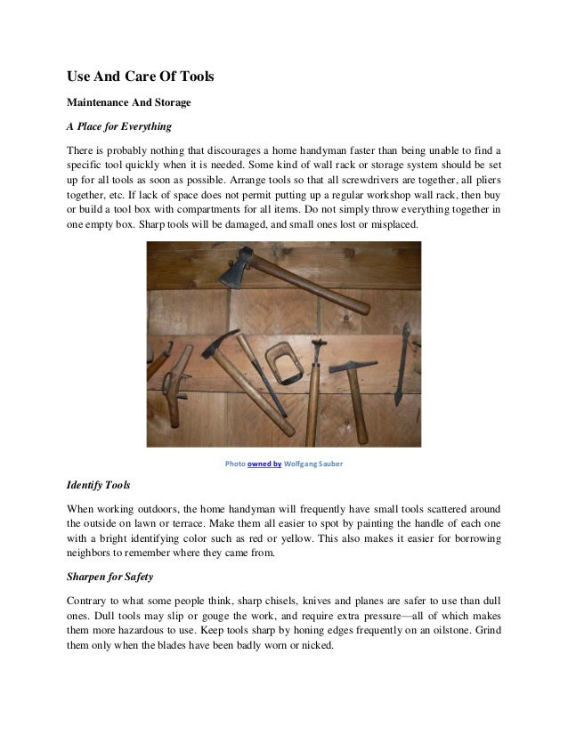 A Quick Guide For Handyman's Use and Care of Tools
