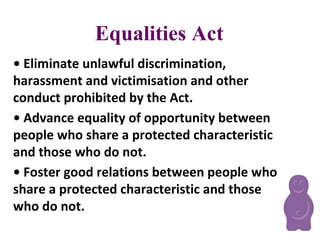 Equalities Act
• Eliminate unlawful discrimination,
harassment and victimisation and other
conduct prohibited by the Act.
• Advance equality of opportunity between
people who share a protected characteristic
and those who do not.
• Foster good relations between people who
share a protected characteristic and those
who do not.
 