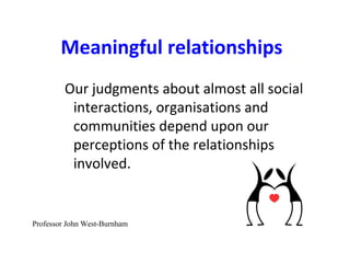 Meaningful relationships
Our judgments about almost all social
interactions, organisations and
communities depend upon our
perceptions of the relationships
involved.
Professor John West-Burnham
 