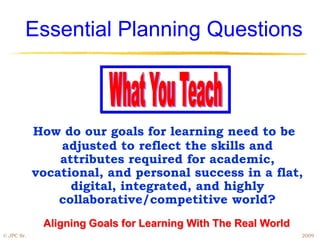 Essential Planning Questions



            How do our goals for learning need to be
                adjusted to reflect the skills and
                attributes required for academic,
            vocational, and personal success in a flat,
                  digital, integrated, and highly
                collaborative/competitive world?
             Aligning Goals for Learning With The Real World
© JPC Sr.                                                      2009
 
