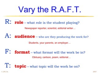 Vary the R.A.F.T.
    R:      role – what role is the student playing?
                  Newspaper reporter, scientist, editorial writer…


    A:      audience – who are they producing the work for?
                     Students, your parents, an employer…



    F:      format – what format will the work be in?
                         Obituary, cartoon, poem, editorial…


    T:      topic – what topic will the work be on?
© JPC Sr.                                                            2007
 