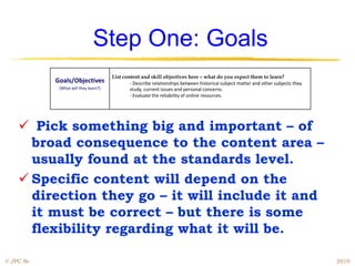 Step One: Goals
                                       List content and skill objectives here – what do you expect them to learn?
            Goals/Objectives                   - Describe relationships between historical subject matter and other subjects they
             (What will they learn?)           study, current issues and personal concerns.
                                               - Evaluate the reliability of online resources.




     Pick something big and important – of
      broad consequence to the content area –
      usually found at the standards level.
     Specific content will depend on the
      direction they go – it will include it and
      it must be correct – but there is some
      flexibility regarding what it will be.

© JPC Sr.                                                                                                                           2010
 