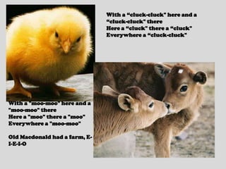 With a “cluck-cluck" here and a “cluck-cluck" thereHere a “cluck" there a “cluck"Everywhere a “cluck-cluck"With a "moo-moo" here and a "moo-moo" thereHere a "moo" there a "moo"Everywhere a "moo-moo"Old Macdonald had a farm, E-I-E-I-O