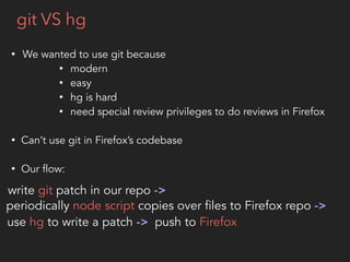 • We wanted to use git because
• modern
• easy
• hg is hard
• need special review privileges to do reviews in Firefox
• Can’t use git in Firefox’s codebase
• Our flow:
git VS hg
write git patch in our repo ->
push to Firefox
periodically node script copies over files to Firefox repo ->
use hg to write a patch ->
 