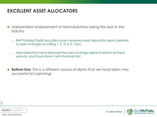 14
EXCELLENT ASSET ALLOCATORS
 Independent endorsement of MacroSolutions being the best in the
industry
̶ BNP Paribas/Cadiz Securities study measured asset allocation alpha (relative
to peer average) on rolling 1, 2, 3, 4, 5, 10yrs.
̶ MacroSolutions have delivered the best average alpha in almost all these
periods, and have done it with the least risk!
 Bottom line: This is a different source of alpha that we have been very
successful at capturing!
 