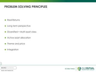 4
PROBLEM SOLVING PRINCIPLES
 Real Returns
 Long term perspective
 Diversified = Multi asset class
 Active asset allocation
 Theme and price
 Integration
 