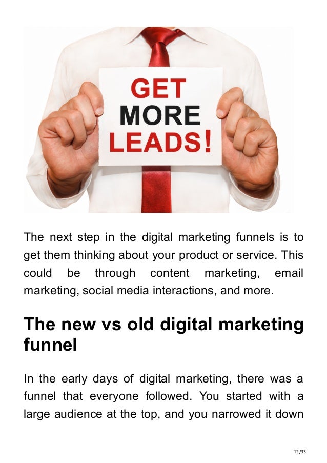 12/33
The next step in the digital marketing funnels is to
get them thinking about your product or service. This
could be through content marketing, email
marketing, social media interactions, and more.
The new vs old digital marketing
funnel
In the early days of digital marketing, there was a
funnel that everyone followed. You started with a
large audience at the top, and you narrowed it down
 