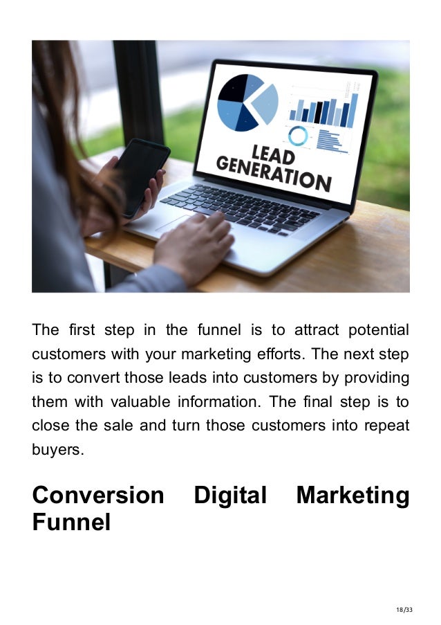 18/33
The first step in the funnel is to attract potential
customers with your marketing efforts. The next step
is to convert those leads into customers by providing
them with valuable information. The final step is to
close the sale and turn those customers into repeat
buyers.
Conversion Digital Marketing
Funnel
 