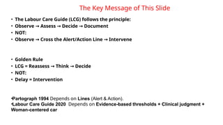 • The Labour Care Guide (LCG) follows the principle:
• Observe Assess Decide Document
→ → →
• NOT:
• Observe Cross the Alert/Action Line Intervene
→ →
• Golden Rule
• LCG = Reassess Think Decide
→ →
• NOT:
• Delay = Intervention
•Partograph 1994 Depends on Lines (Alert & Action).
•Labour Care Guide 2020 Depends on Evidence-based thresholds + Clinical judgment +
Woman-centered car
The Key Message of This Slide
 