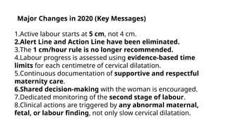 Major Changes in 2020 (Key Messages)
1.Active labour starts at 5 cm, not 4 cm.
2.Alert Line and Action Line have been eliminated.
3.The 1 cm/hour rule is no longer recommended.
4.Labour progress is assessed using evidence-based time
limits for each centimetre of cervical dilatation.
5.Continuous documentation of supportive and respectful
maternity care.
6.Shared decision-making with the woman is encouraged.
7.Dedicated monitoring of the second stage of labour.
8.Clinical actions are triggered by any abnormal maternal,
fetal, or labour finding, not only slow cervical dilatation.
 