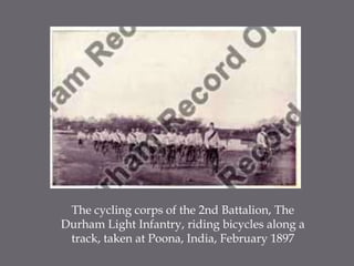 The cycling corps of the 2nd Battalion, The Durham Light Infantry, riding bicycles along a track, taken at Poona, India, February 1897