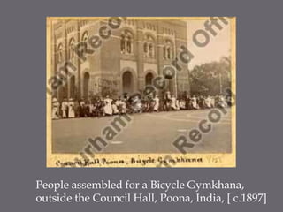 People assembled for a Bicycle Gymkhana, outside the Council Hall, Poona, India, [ c.1897]