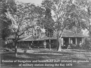 Exterior of bungalow and household staff (distant) on grounds of military station during the Raj  1878