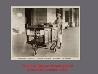Vendor selling sweets and cakes at Poona Station, India, c 1930.