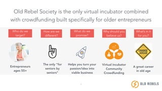 8
Old Rebel Society is the only virtual incubator combined
with crowdfunding built specifically for older entrepreneurs
Who do we
target?
How are we
different?
Entrepreneurs
ages 55+
The only ”for
seniors by
seniors”
What do we
promise?
Virtual incubator
Community
Crowdfunding
Why should you
believe us?
Helps you turn your
passion/idea into
viable business
What’s in it
for you?
A great career
in old age
OLD REBE LS
 
