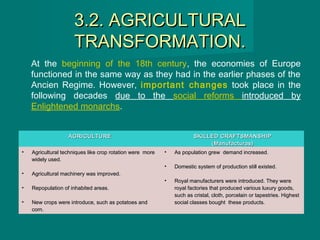 3.2. AGRICULTURAL3.2. AGRICULTURAL
TRANSFORMATION.TRANSFORMATION.
At the beginning of the 18th century, the economies of Europe
functioned in the same way as they had in the earlier phases of the
Ancien Regime. However, important changes took place in the
following decades due to the social reforms introduced by
Enlightened monarchs.
AGRICULTUREAGRICULTURE SKILLED CRAFTSMANSHIPSKILLED CRAFTSMANSHIP
(Manufacturas)(Manufacturas)
• Agricultural techniques like crop rotation were moreAgricultural techniques like crop rotation were more
widely used.widely used.
• Agricultural machinery was improved.Agricultural machinery was improved.
• Repopulation of inhabited areas.Repopulation of inhabited areas.
• New crops were introduce, such as potatoes andNew crops were introduce, such as potatoes and
corn.corn.
• As population grew demand increased.As population grew demand increased.
• Domestic system of production still existed.Domestic system of production still existed.
• Royal manufacturers were introduced. They wereRoyal manufacturers were introduced. They were
royal factories that produced various luxury goods,royal factories that produced various luxury goods,
such as cristal, cloth, porcelain or tapestries. Highestsuch as cristal, cloth, porcelain or tapestries. Highest
social classes bought these products.social classes bought these products.
 