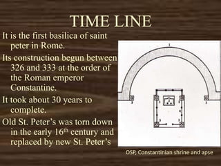 TIME LINE
It is the first basilica of saint
peter in Rome.
Its construction begun between
326 and 333 at the order of
the Roman emperor
Constantine.
It took about 30 years to
complete.
Old St. Peter’s was torn down
in the early 16th century and
replaced by new St. Peter’s
OSP, Constantinian shrine and apse
 