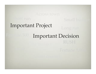 Across town
   Short run                   Small budget
  Important Project           Long run
Fortune 500    Important Decision
              Big budget      RUSH
    Rush                    Fortune 5,000
               Across country
 