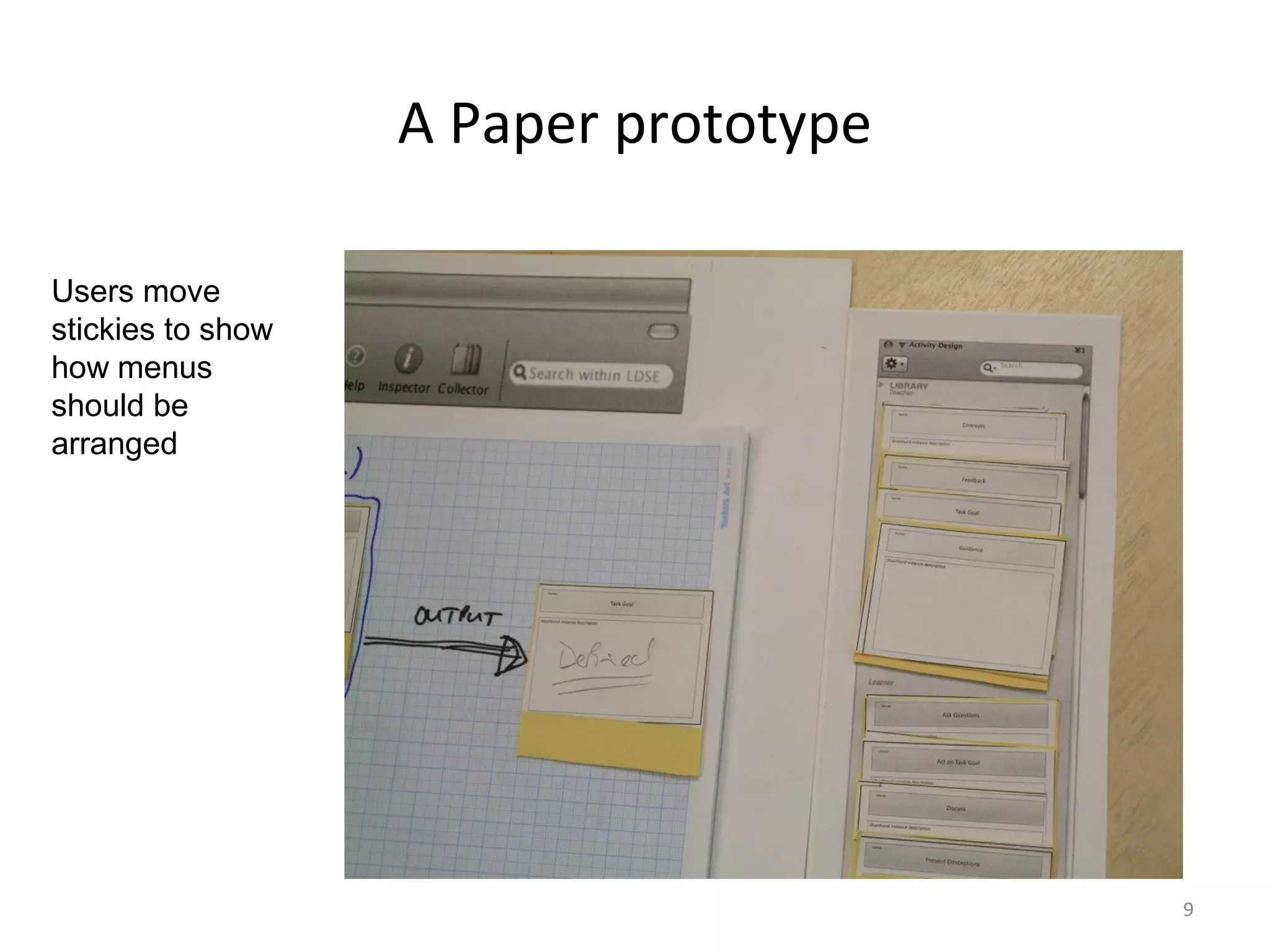 A Paper prototype

Users move
stickies to show
how menus
should be
arranged




                                       9
 