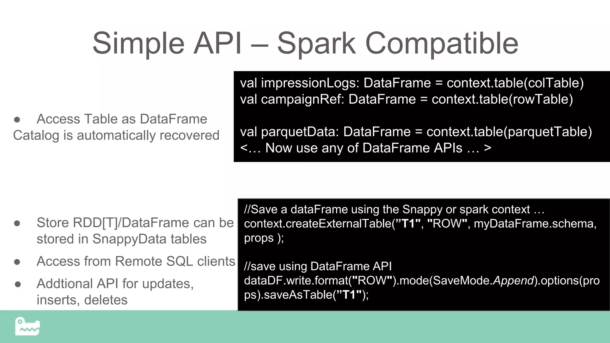 Simple API – Spark Compatible
● Access Table as DataFrame
Catalog is automatically recovered
● Store RDD[T]/DataFrame can be
stored in SnappyData tables
● Access from Remote SQL clients
● Addtional API for updates,
inserts, deletes
//Save a dataFrame using the Snappy or spark context …
context.createExternalTable(”T1", "ROW", myDataFrame.schema,
props );
//save using DataFrame API
dataDF.write.format("ROW").mode(SaveMode.Append).options(pro
ps).saveAsTable(”T1");
val impressionLogs: DataFrame = context.table(colTable)
val campaignRef: DataFrame = context.table(rowTable)
val parquetData: DataFrame = context.table(parquetTable)
<… Now use any of DataFrame APIs … >
 