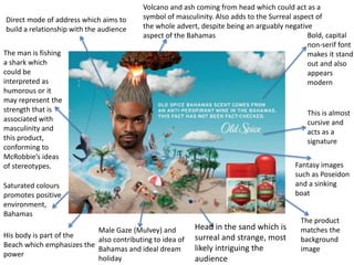 Volcano and ash coming from head which could act as a
symbol of masculinity. Also adds to the Surreal aspect of
the whole advert, despite being an arguably negative
aspect of the Bahamas
The man is fishing
a shark which
could be
interpreted as
humorous or it
may represent the
strength that is
associated with
masculinity and
this product,
conforming to
McRobbie’s ideas
of stereotypes.
His body is part of the
Beach which emphasizes the
power
Male Gaze (Mulvey) and
also contributing to idea of
Bahamas and ideal dream
holiday
Direct mode of address which aims to
build a relationship with the audience
Head in the sand which is
surreal and strange, most
likely intriguing the
audience
The product
matches the
background
image
Saturated colours
promotes positive
environment,
Bahamas
Bold, capital
non-serif font
makes it stand
out and also
appears
modern
This is almost
cursive and
acts as a
signature
Fantasy images
such as Poseidon
and a sinking
boat
 