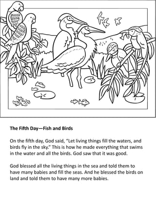 The Fifth Day—Fish and Birds
On the fifth day, God said, “Let living things fill the waters, and
birds fly in the sky.” This is how he made everything that swims
in the water and all the birds. God saw that it was good.
God blessed all the living things in the sea and told them to
have many babies and fill the seas. And he blessed the birds on
land and told them to have many more babies.
 