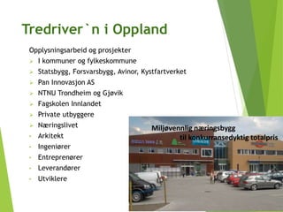 Tredriver`n i Oppland
Opplysningsarbeid og prosjekter
 I kommuner og fylkeskommune
 Statsbygg, Forsvarsbygg, Avinor, Kystfartverket
 Pan Innovasjon AS
 NTNU Trondheim og Gjøvik
 Fagskolen Innlandet
 Private utbyggere
 Næringslivet
• Arkitekt
• Ingeniører
• Entreprenører
• Leverandører
• Utviklere
Miljøvennlige næringsbygg
til konkurransedyktig totalpris
Miljøvennlig næringsbygg
til konkurransedyktig totalpris
 