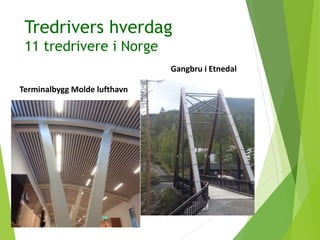 Tredrivers hverdag
11 tredrivere i Norge
Terminalbygg Molde lufthavn
Gangbru i Etnedal
 