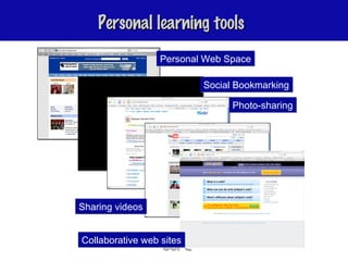 Personal learning tools Personal Web Space Social Bookmarking Photo-sharing Sharing videos Collaborative web sites 