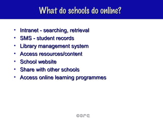 What do schools do online? Intranet - searching, retrieval SMS - student records Library management system Access resources/content School website Share with other schools Access online learning programmes 