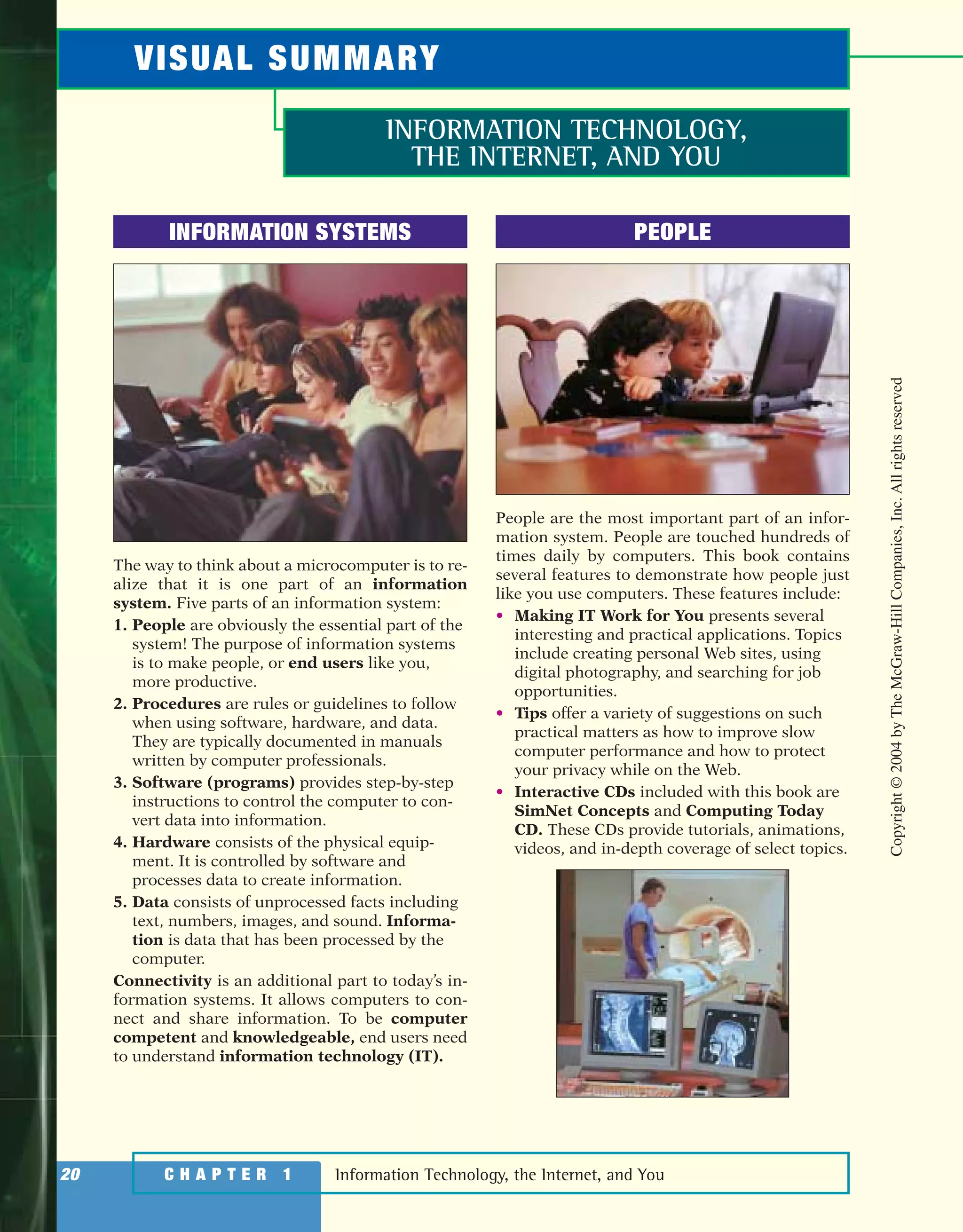 Information Technology, the Internet, and You20 C H A P T E R 1
INFORMATION SYSTEMS
The way to think about a microcomputer is to re-
alize that it is one part of an information
system. Five parts of an information system:
1. People are obviously the essential part of the
system! The purpose of information systems
is to make people, or end users like you,
more productive.
2. Procedures are rules or guidelines to follow
when using software, hardware, and data.
They are typically documented in manuals
written by computer professionals.
3. Software (programs) provides step-by-step
instructions to control the computer to con-
vert data into information.
4. Hardware consists of the physical equip-
ment. It is controlled by software and
processes data to create information.
5. Data consists of unprocessed facts including
text, numbers, images, and sound. Informa-
tion is data that has been processed by the
computer.
Connectivity is an additional part to today’s in-
formation systems. It allows computers to con-
nect and share information. To be computer
competent and knowledgeable, end users need
to understand information technology (IT).
PEOPLE
People are the most important part of an infor-
mation system. People are touched hundreds of
times daily by computers. This book contains
several features to demonstrate how people just
like you use computers. These features include:
• Making IT Work for You presents several
interesting and practical applications. Topics
include creating personal Web sites, using
digital photography, and searching for job
opportunities.
• Tips offer a variety of suggestions on such
practical matters as how to improve slow
computer performance and how to protect
your privacy while on the Web.
• Interactive CDs included with this book are
SimNet Concepts and Computing Today
CD. These CDs provide tutorials, animations,
videos, and in-depth coverage of select topics.
INFORMATION TECHNOLOGY,
THE INTERNET, AND YOU
VISUAL SUMMARY
Copyright©2004byTheMcGraw-HillCompanies,Inc.Allrightsreserved
ole65985_ch01_web.qxd 9/12/03 2:08 PM Page 20
 