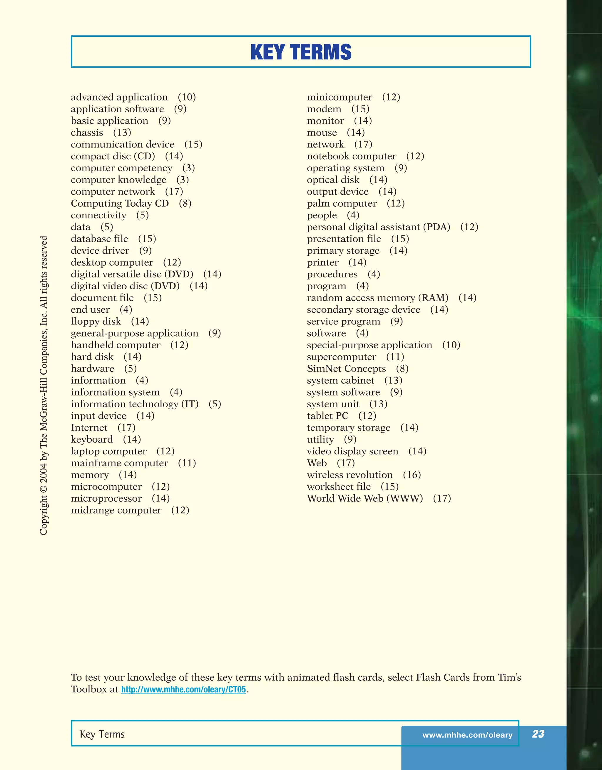 Key Terms www.mhhe.com/oleary 23
KEY TERMS
advanced application (10)
application software (9)
basic application (9)
chassis (13)
communication device (15)
compact disc (CD) (14)
computer competency (3)
computer knowledge (3)
computer network (17)
Computing Today CD (8)
connectivity (5)
data (5)
database file (15)
device driver (9)
desktop computer (12)
digital versatile disc (DVD) (14)
digital video disc (DVD) (14)
document file (15)
end user (4)
floppy disk (14)
general-purpose application (9)
handheld computer (12)
hard disk (14)
hardware (5)
information (4)
information system (4)
information technology (IT) (5)
input device (14)
Internet (17)
keyboard (14)
laptop computer (12)
mainframe computer (11)
memory (14)
microcomputer (12)
microprocessor (14)
midrange computer (12)
minicomputer (12)
modem (15)
monitor (14)
mouse (14)
network (17)
notebook computer (12)
operating system (9)
optical disk (14)
output device (14)
palm computer (12)
people (4)
personal digital assistant (PDA) (12)
presentation file (15)
primary storage (14)
printer (14)
procedures (4)
program (4)
random access memory (RAM) (14)
secondary storage device (14)
service program (9)
software (4)
special-purpose application (10)
supercomputer (11)
SimNet Concepts (8)
system cabinet (13)
system software (9)
system unit (13)
tablet PC (12)
temporary storage (14)
utility (9)
video display screen (14)
Web (17)
wireless revolution (16)
worksheet file (15)
World Wide Web (WWW) (17)
To test your knowledge of these key terms with animated flash cards, select Flash Cards from Tim’s
Toolbox at http://www.mhhe.com/oleary/CT05.
Copyright©2004byTheMcGraw-HillCompanies,Inc.Allrightsreserved
ole65985_ch01_web.qxd 9/12/03 2:08 PM Page 23
 