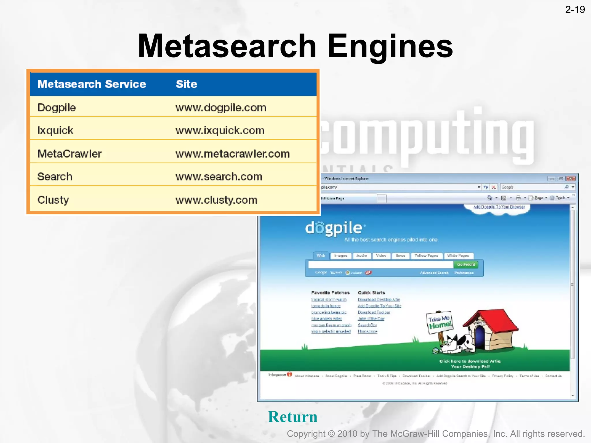 Metasearch Engines Return Copyright &copy; 2010 by The McGraw-Hill Companies, Inc. All rights reserved. 2- 