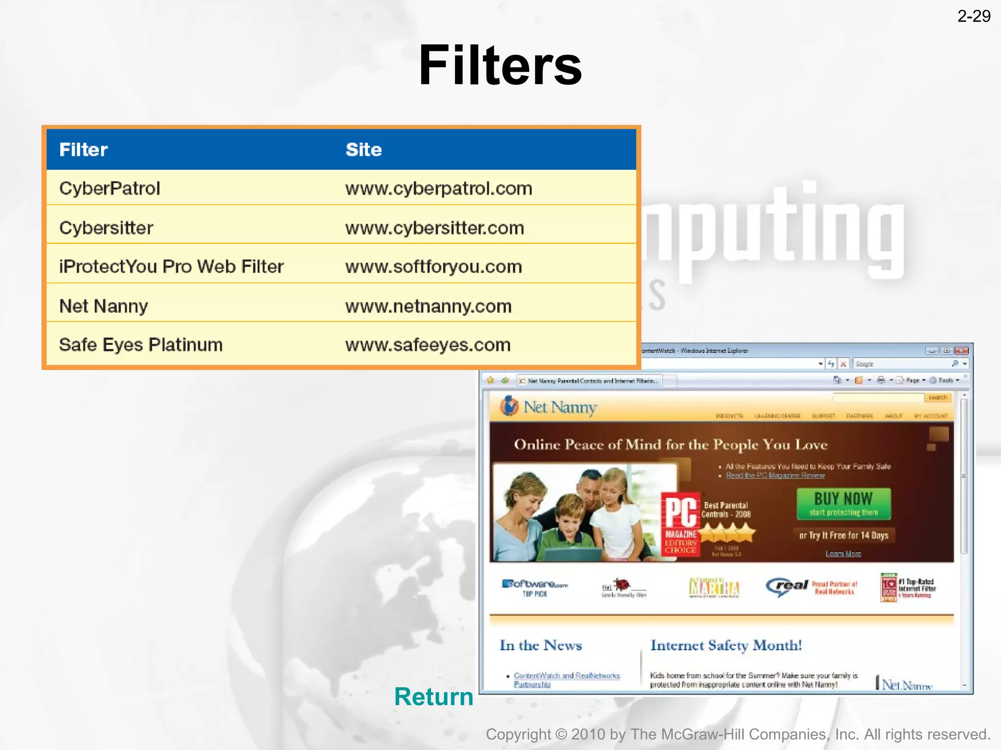 Filters Return Copyright &copy; 2010 by The McGraw-Hill Companies, Inc. All rights reserved. 2- 