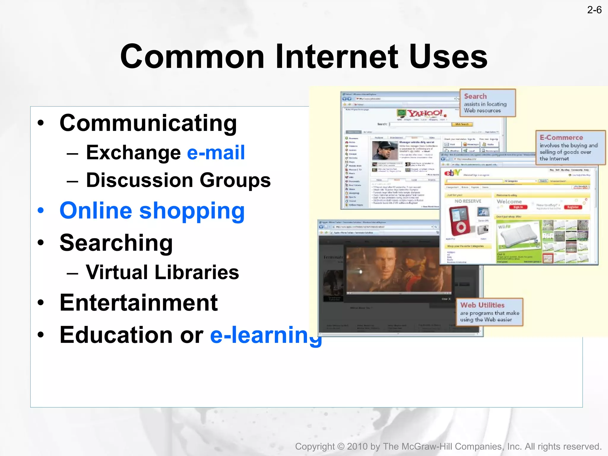 Common Internet Uses Communicating  Exchange  e-mail Discussion Groups   Online shopping Searching Virtual Libraries Entertainment Education or  e-learning   Copyright &copy; 2010 by The McGraw-Hill Companies, Inc. All rights reserved. 