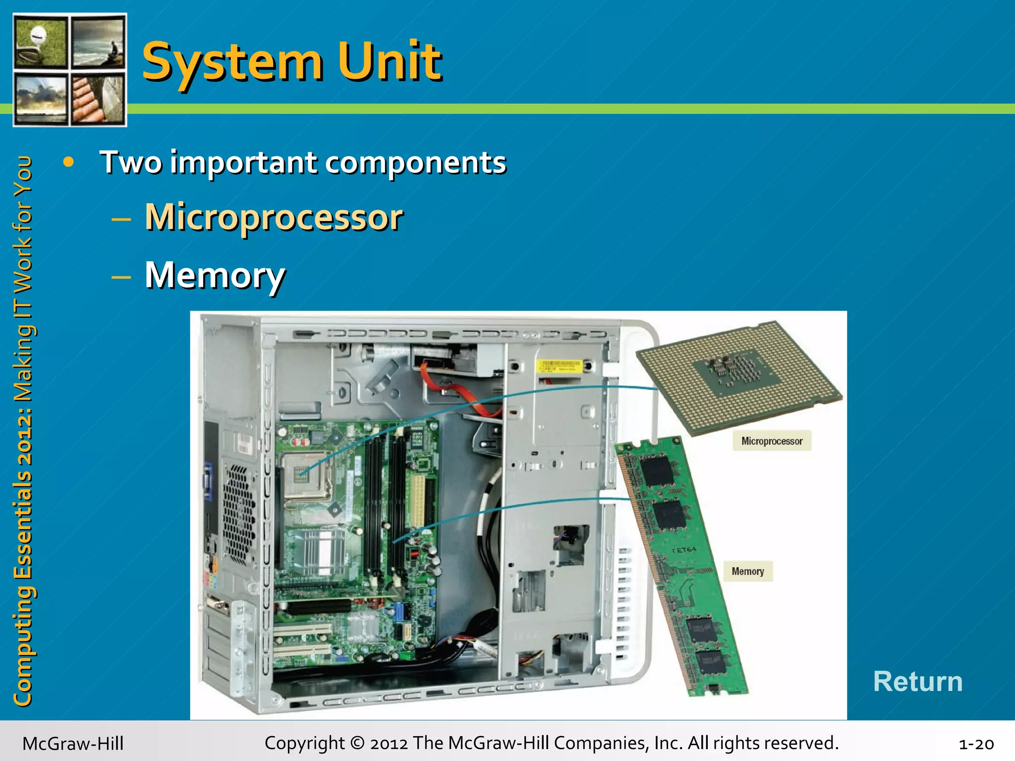 System Unit Two important components Microprocessor Memory Return 
