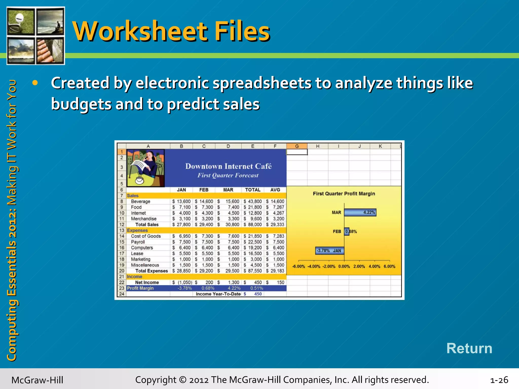 Worksheet Files Created by electronic spreadsheets to analyze things like budgets and to predict sales Return 