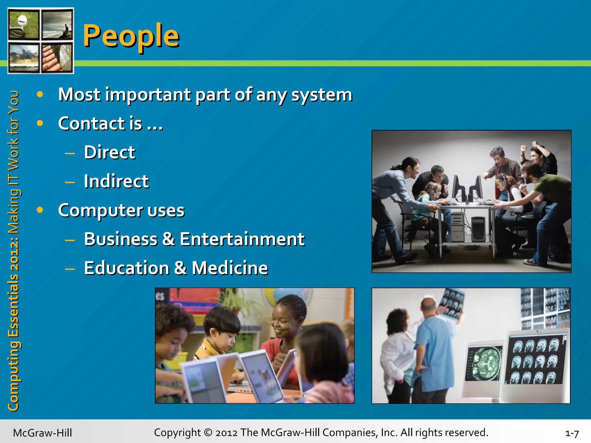 People Most important part of any system Contact is … Direct Indirect Computer uses Business & Entertainment Education & Medicine 