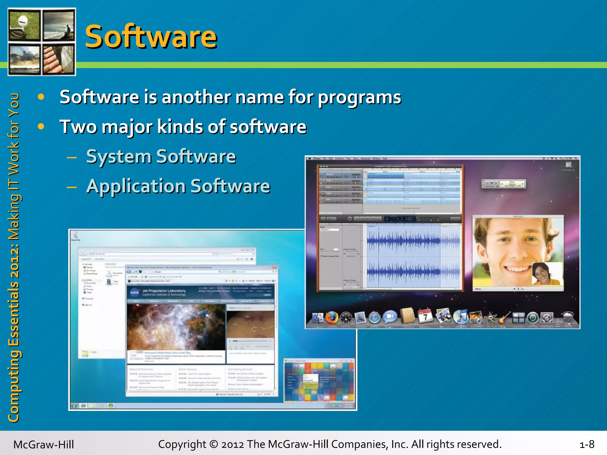 Software Software is another name for programs Two major kinds of software System Software Application Software 